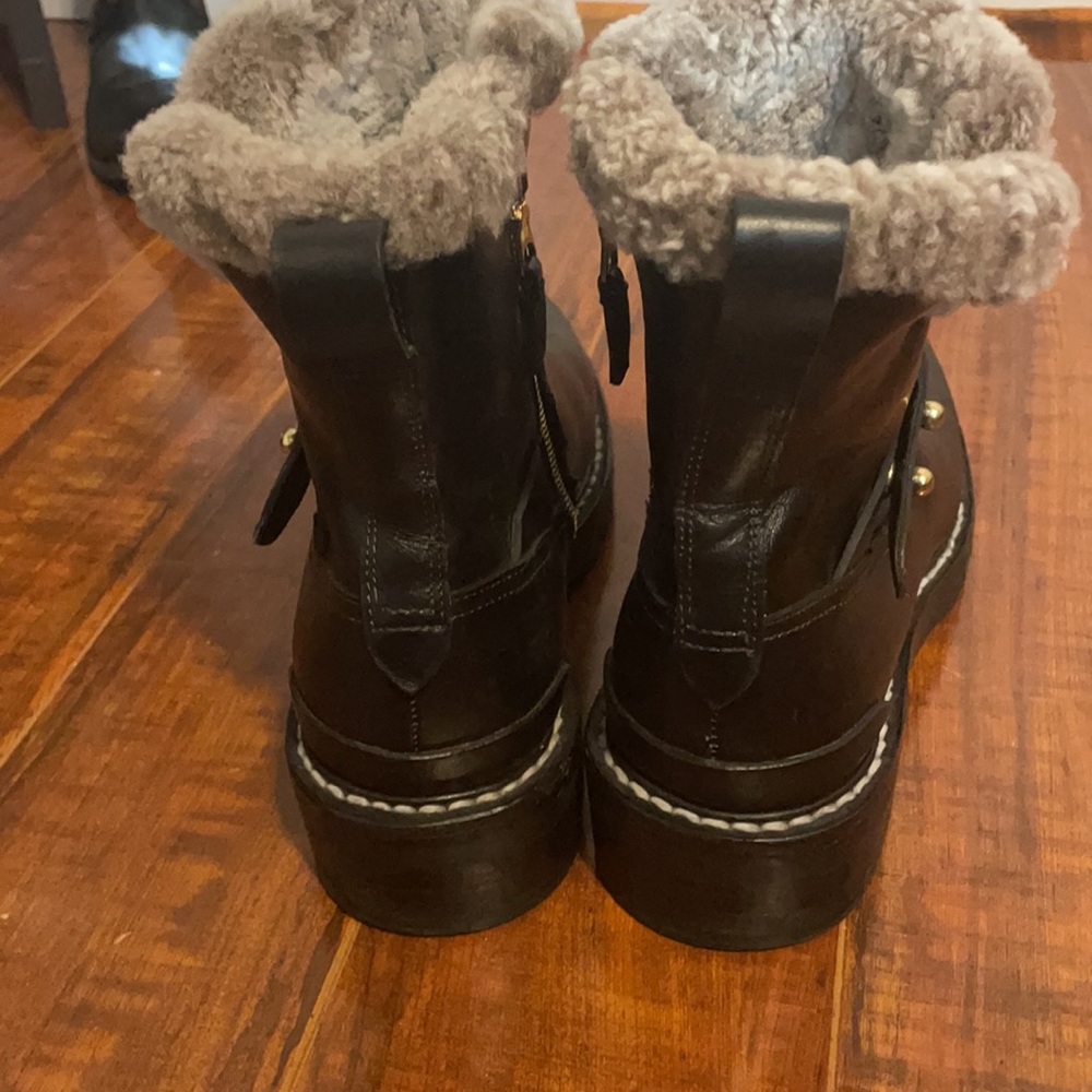 rag & bone Black Leather Combat Boots with Shearling Trim - Picture 3 of 8